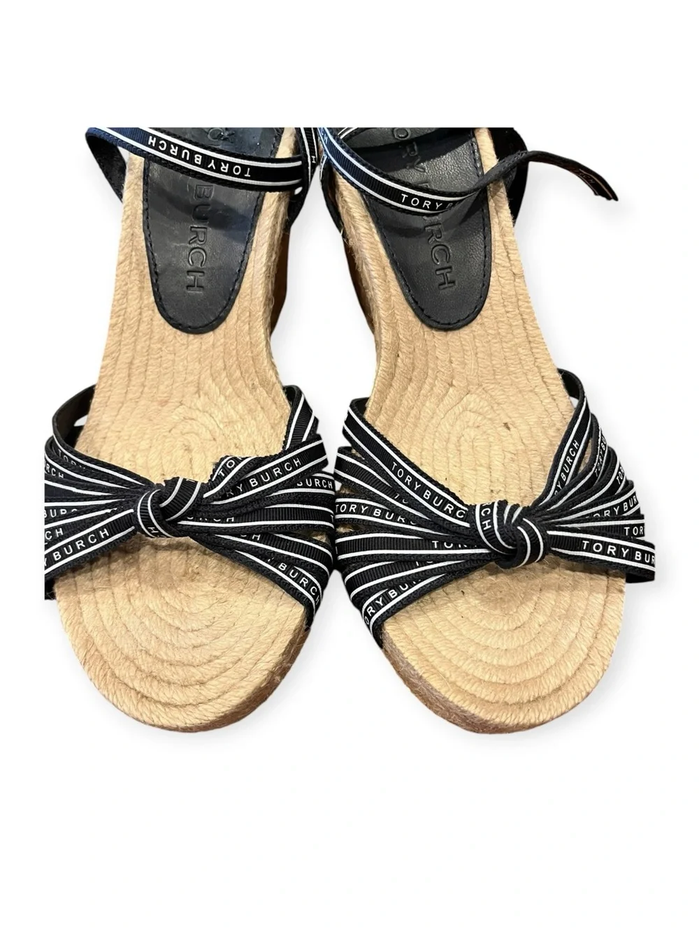 TORY BURCH Perfect Navy/New Ivory Ribbon Wedge Espadrilles